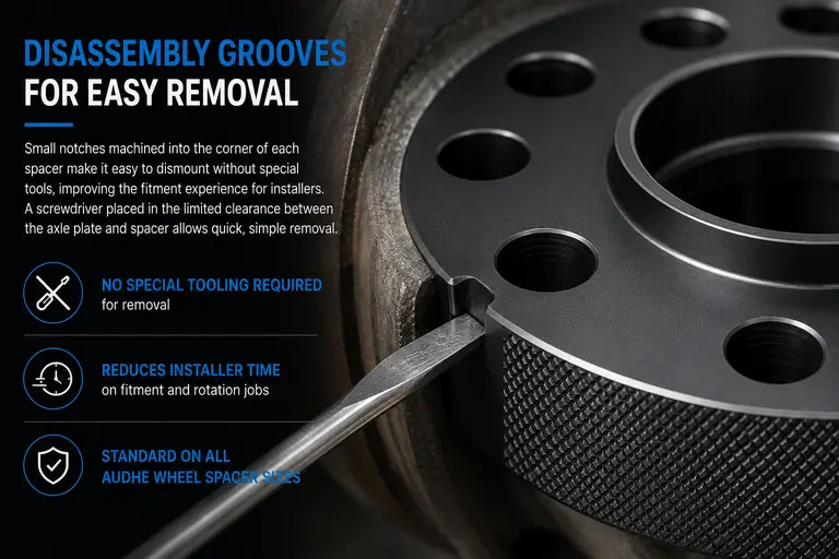 Wheel spacer with machined disassembly groove for easy removal with a screwdriver