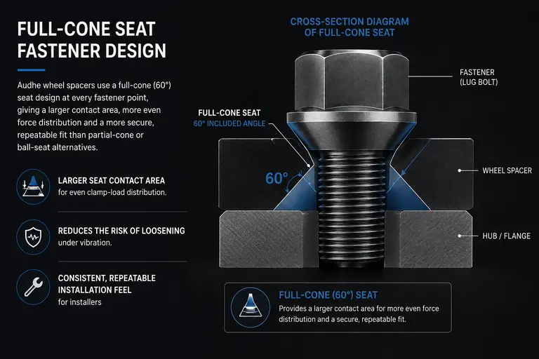 Cross-section diagram of 60-degree full-cone seat fastener design for wheel spacers