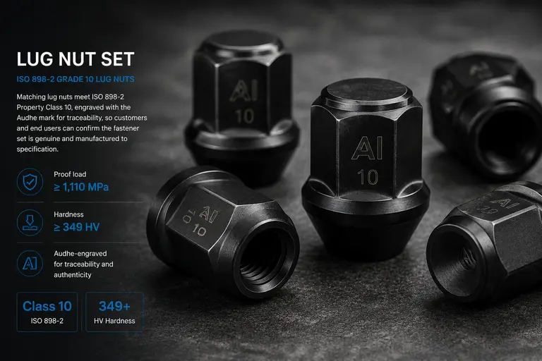 Grade 10 lug nuts meeting ISO 898-2 standards with Audhe engraving