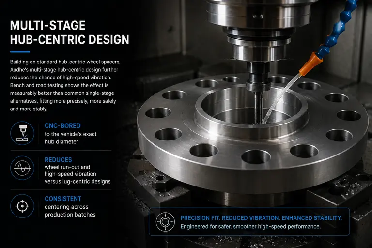 Multi-stage hub-centric wheel spacer undergoing precision CNC bore machining