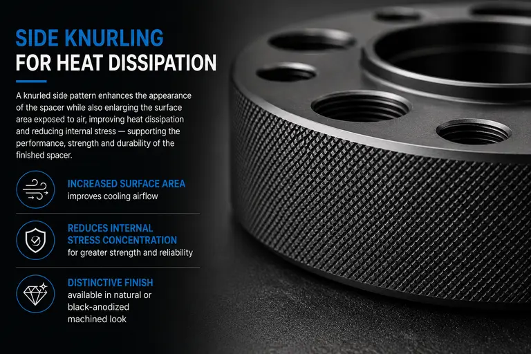 Side knurling on a wheel spacer designed to improve heat dissipation and increase surface area